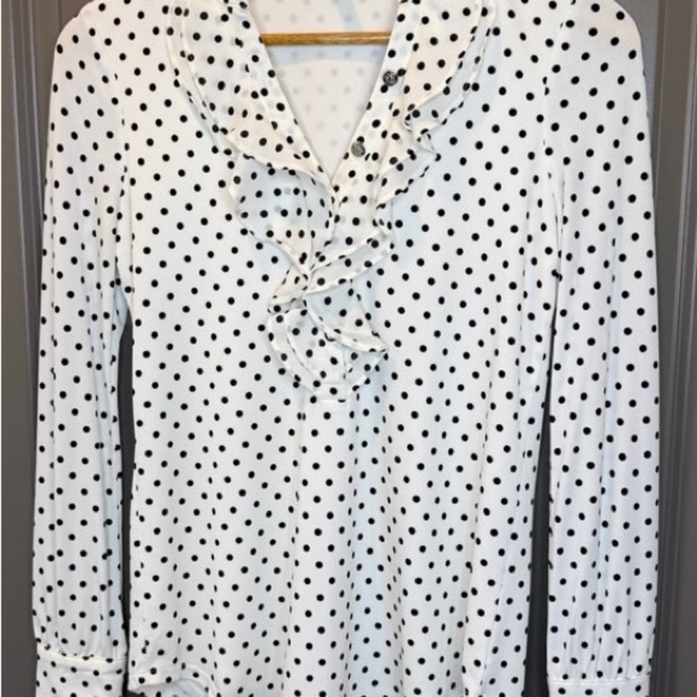 White House Black Market Polka Dot Ruffle Blouse XXS Black White